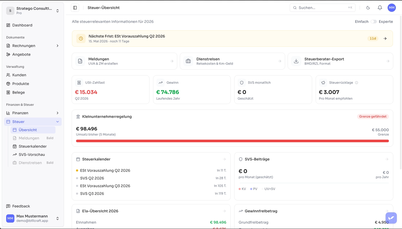 Umsatzgrenzen-Tacho in BillCraft zeigt aktuelle Auslastung der Kleinunternehmergrenze