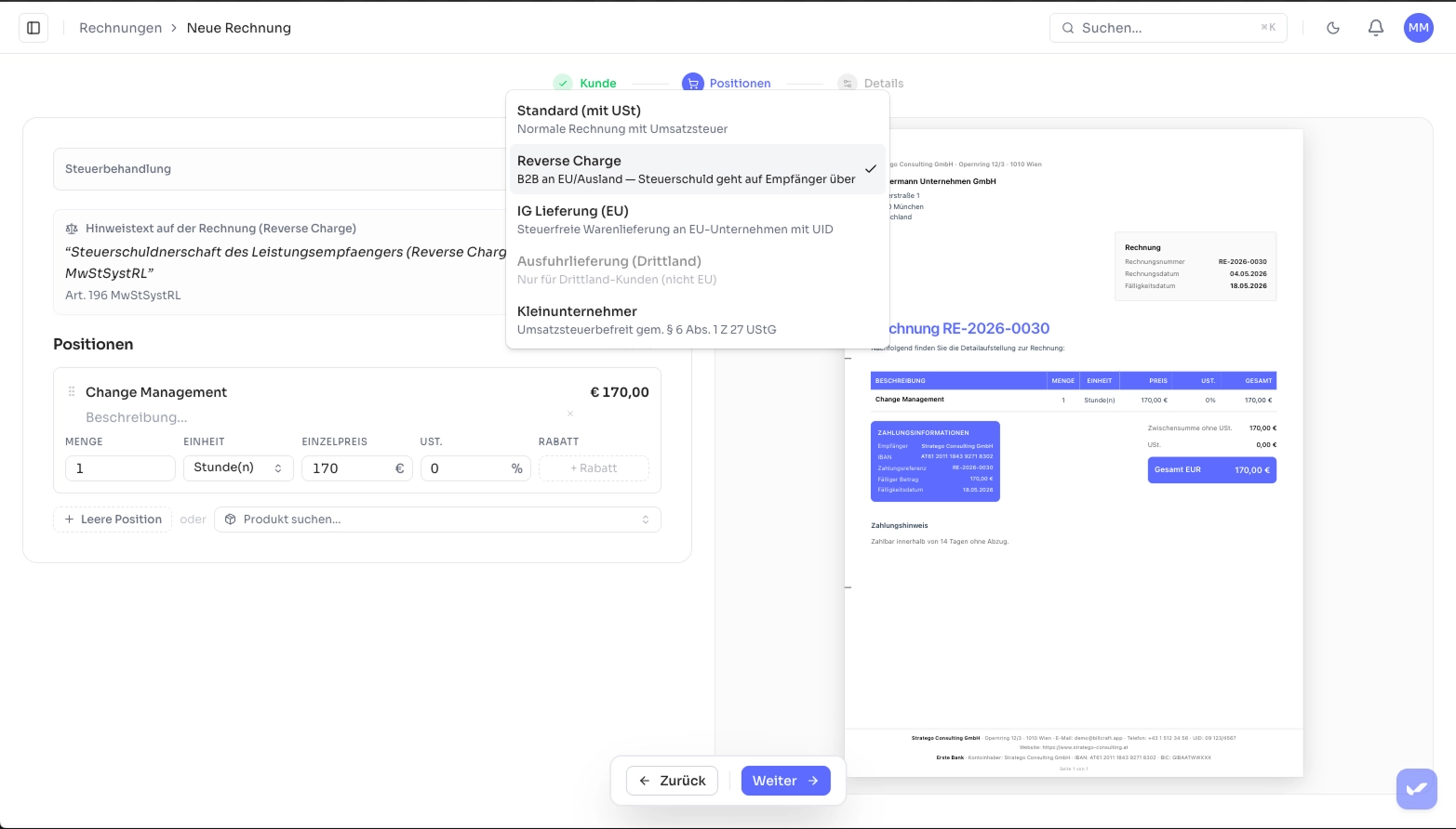 Reverse-Charge-Rechnung in BillCraft mit automatisch validierter UID-Nummer